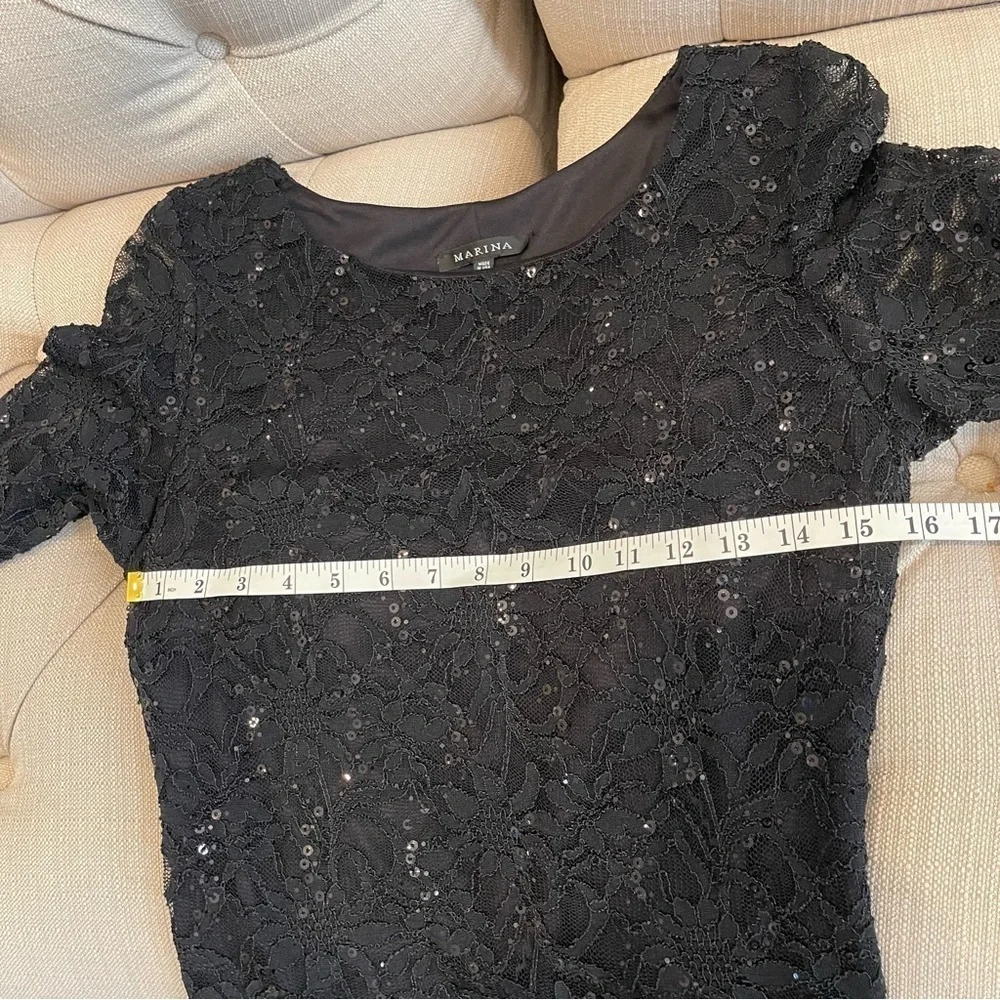 Marina Sequin Lace Sheath Dress Sz 12 Black 3/4 Sleeve Stretchy Evening Dress